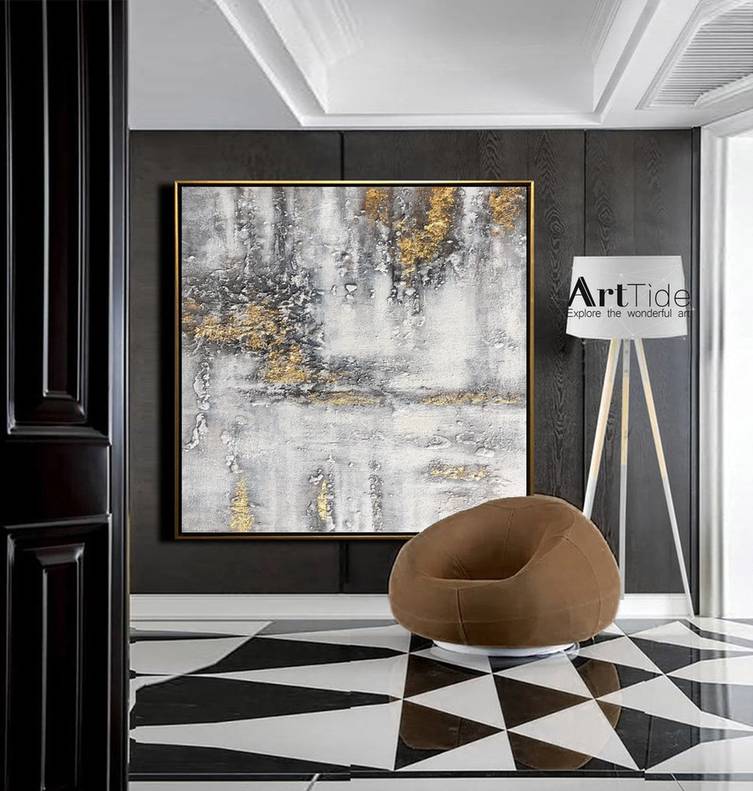 Grey Hand-painted Handmade Leaf Contemporary Abstract Canvas Artwork V7AYK